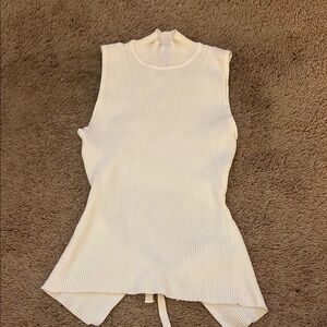 Cream Asymmetrical Tie Front Tank Top with Mandarin Collar